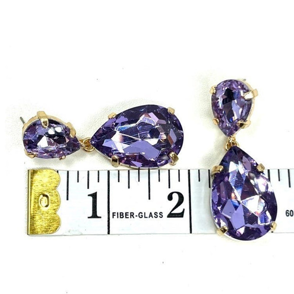NEW Earrings 2" Chunky Purple Amethyst Rhinestone teardrop pierced m10 - Picture 3 of 4